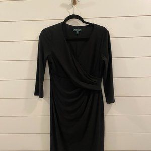 LAUREN RALPH LAUREN Black 3/4 sleeve knit Dress Faux Wrap, V Neck 10P